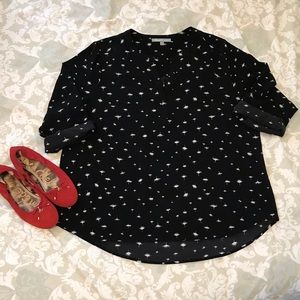 Floaty Dandelion Tab Roll Sleeve Black Blouse
